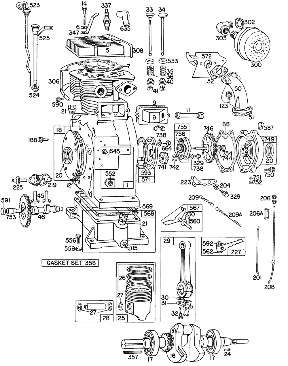 Cyl, Piston, Muffler, Crnkcse Diagram and Parts List for 301431-0132-XX  Briggs and Stratton Engine